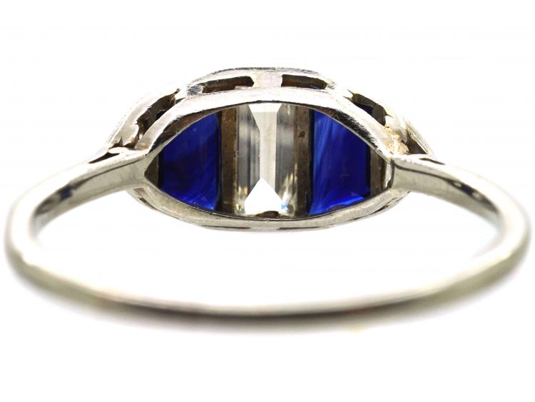 Art Deco Platinum, Baguette Cut Sapphire & Diamond Ring