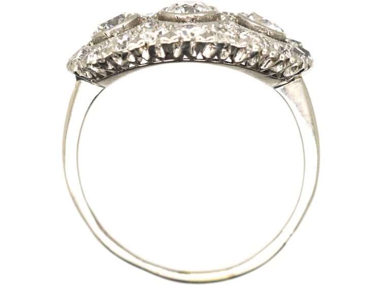 Art Deco Platinum Three Stone Diamond Oval Cluster Ring