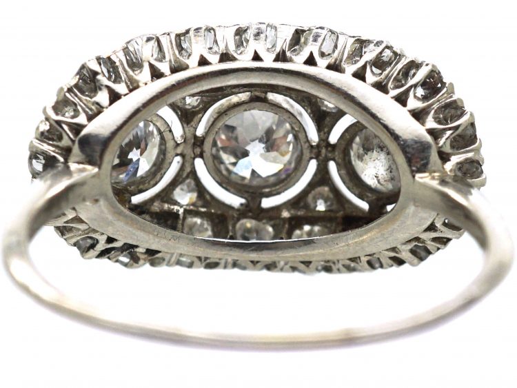 Art Deco Platinum Three Stone Diamond Oval Cluster Ring