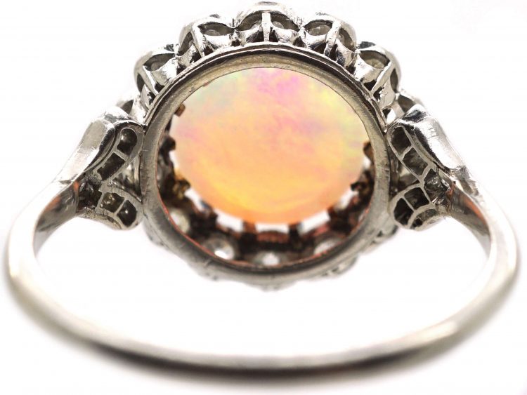 Early 20th Century 18ct White Gold & Platinum, Opal & Diamond Cluster Ring with Diamond Set Shoulders