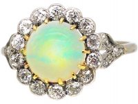 Early 20th Century 18ct White Gold & Platinum, Opal & Diamond Cluster Ring with Diamond Set Shoulders