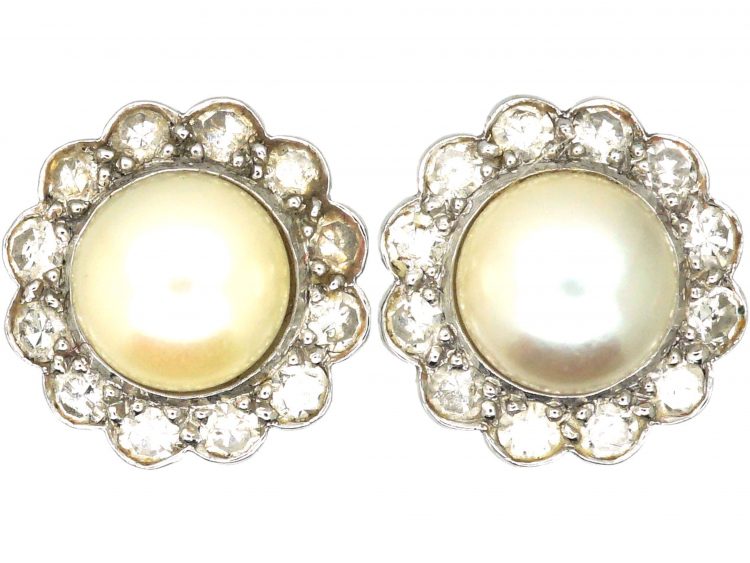 Edwardian 18ct White Gold, Diamond & Pearl Cluster Earrings