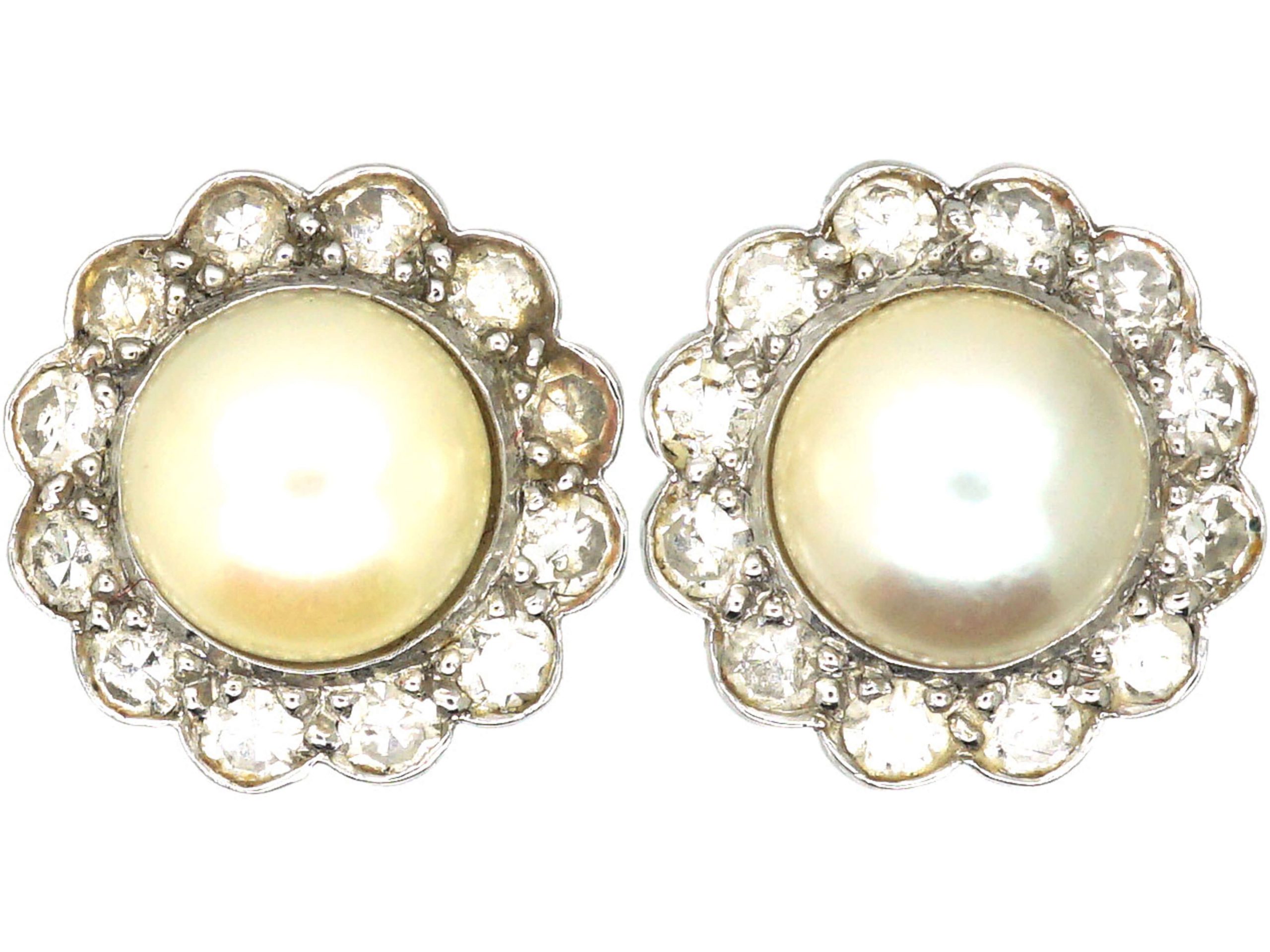 Edwardian 18ct White Gold, Diamond & Pearl Cluster Earrings (28U) | The ...