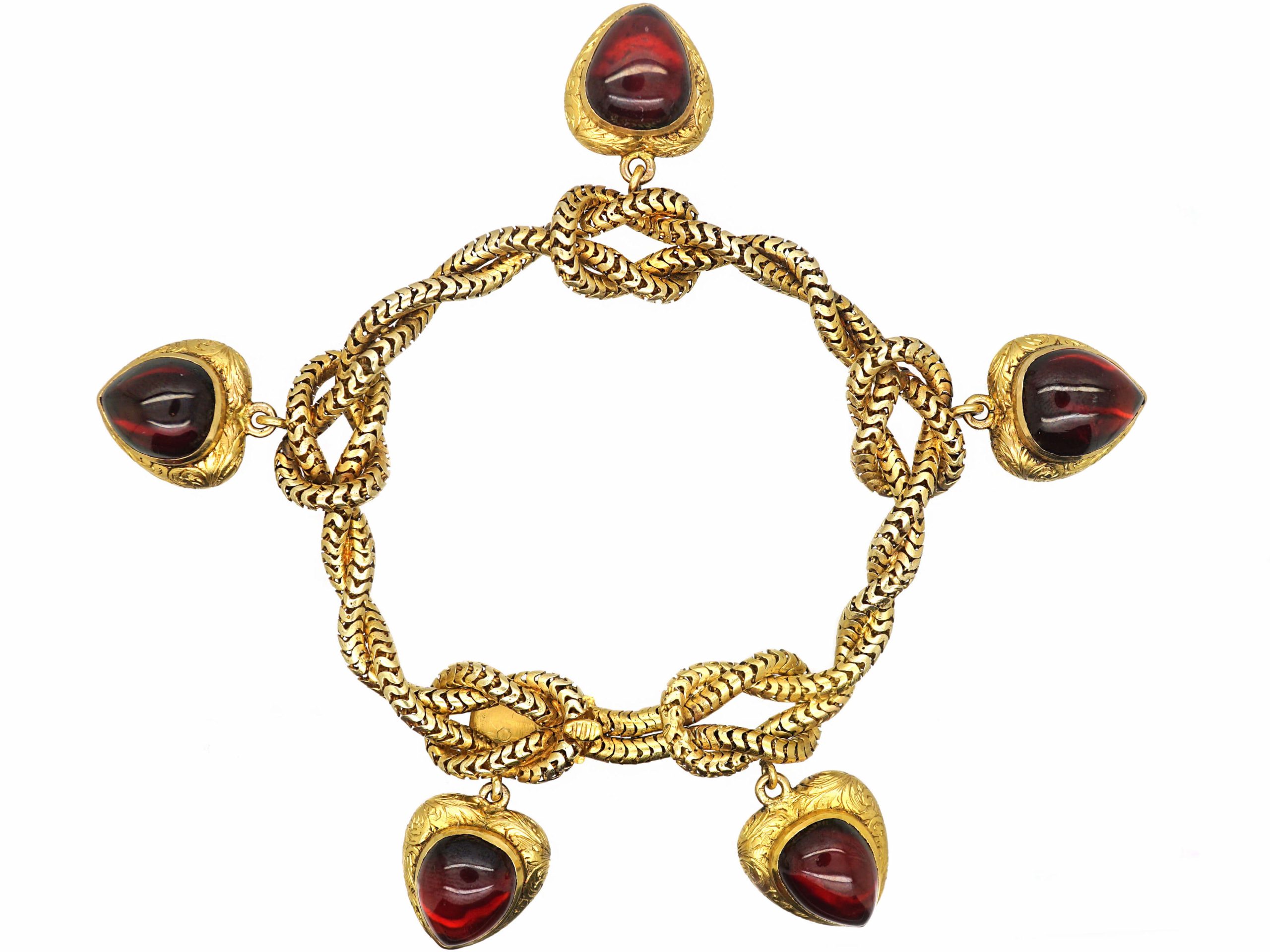 Early Victorian 18ct Gold Lover's Knot Bracelet with Five Hearts