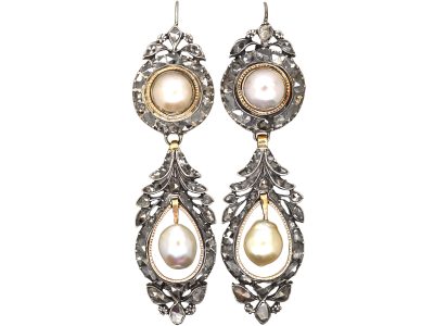 Early 19th Century Diamond & Pearl Long Drop Earrings