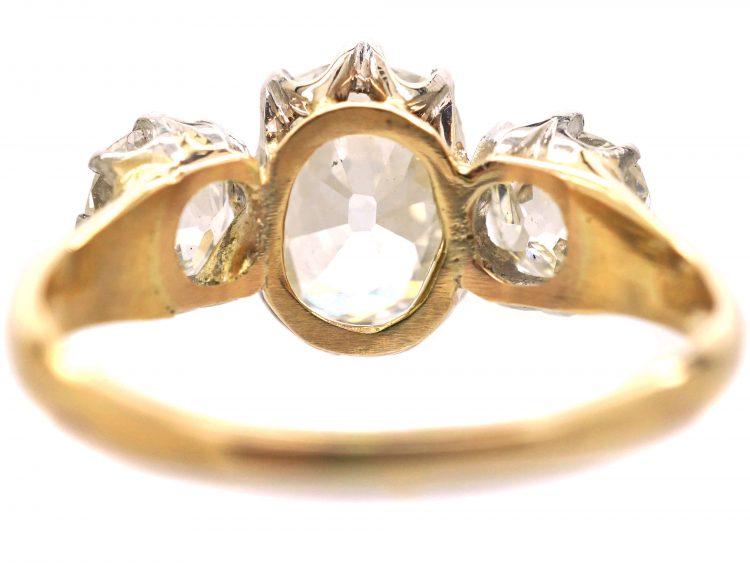 Edwardian 18ct Gold & Platinum Large Three Stone Old Mine Cut Diamond Ring