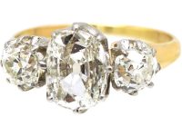 Edwardian 18ct Gold & Platinum Large Three Stone Old Mine Cut Diamond Ring