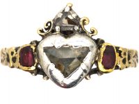 Early 18th Century Heart Shaped Ring Set With Rubies & Diamonds