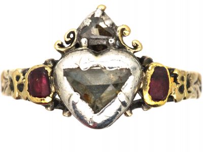 Early 18th Century Heart Shaped Ring Set With Rubies & Diamonds