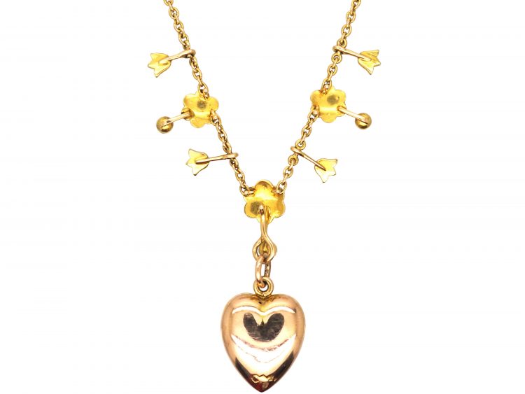 Edwardian 15ct Gold Necklace with Flowers & Heart set with Natural Split Pearls