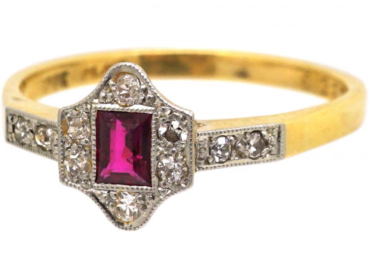 Art Deco 18ct Gold & Platinum, Ruby & Diamond Hexagonal Shaped Ring