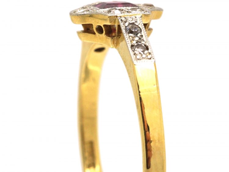 Art Deco 18ct Gold & Platinum, Ruby & Diamond Hexagonal Shaped Ring