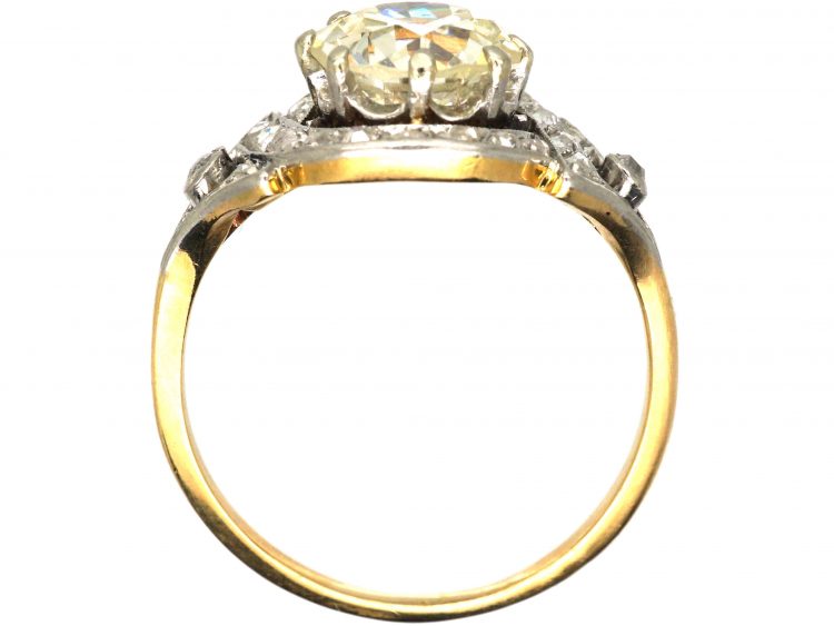 French Art Nouveau 18ct Gold & Platinum, Large Solitaire Diamond Ring with Ornate Rose Diamond Detail