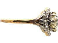 French Art Nouveau 18ct Gold & Platinum, Large Solitaire Diamond Ring with Ornate Rose Diamond Detail
