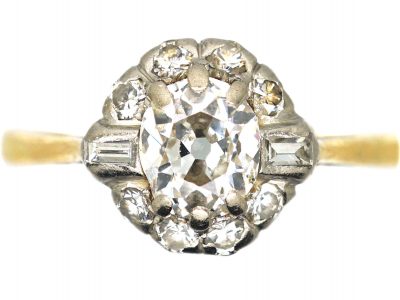 Early 20th Century 18ct Gold & Platinum, Old Mine Cut Diamond Cluster Ring with Baguette Diamonds on Either Side