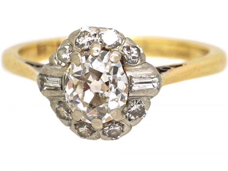 Early 20th Century 18ct Gold & Platinum, Old Mine Cut Diamond Cluster Ring with Baguette Diamonds on Either Side
