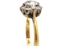 Early 20th Century 18ct Gold & Platinum, Old Mine Cut Diamond Cluster Ring with Baguette Diamonds on Either Side