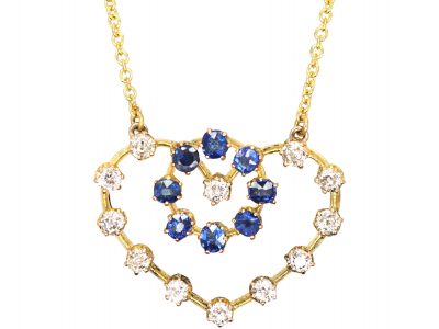 Edwardian 15ct Gold Sapphire & Diamond Heart Shaped Pendant on 9ct Gold Chain