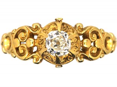 19th Century 18ct Gold & Old Mine Cut Diamond Solitaire Ring with Ornate Shoulders