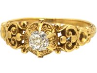 19th Century 18ct Gold & Old Mine Cut Diamond Solitaire Ring with Ornate Shoulders