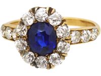 Victorian 18ct Gold Unheated Sapphire & Diamond Cluster Ring with Diamond Set Shoulders