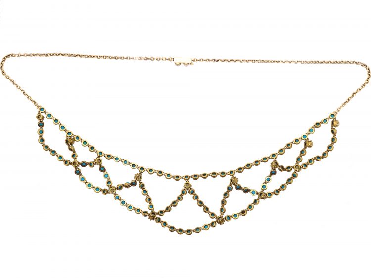 Edwardian 15ct Gold Festoon Necklace set with Turquoise & Natural Split Pearls