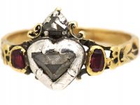 Early 18th Century Heart Shaped Ring Set With Rubies & Diamonds