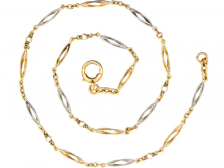 Edwardian 15ct Gold & Platinum Chain set with Natural Pearls