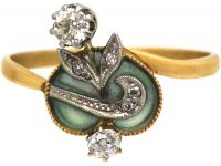 Art Nouveau 18ct Gold & Platinum, Plique-à-jour  & Diamond Ring