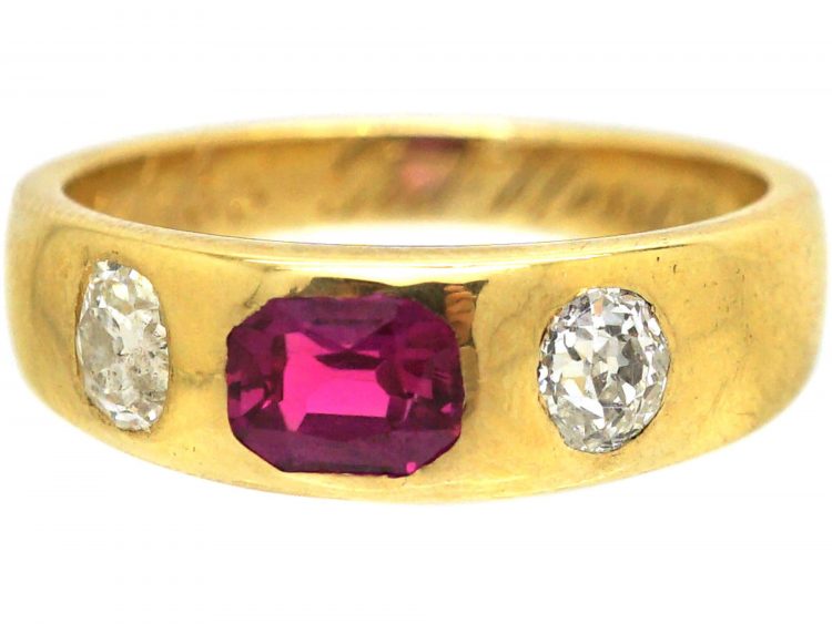 Victorian 18ct Gold, Ruby & Old Mine Cut Diamond Rub Over Ring