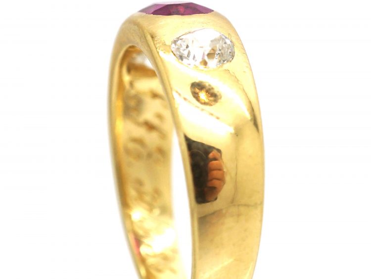 Victorian 18ct Gold, Ruby & Old Mine Cut Diamond Rub Over Ring