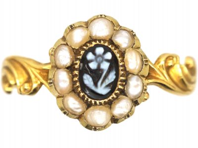 Early 19th Century 15ct Gold, Natural Split Pearls & Carved Onyx Flower Ring