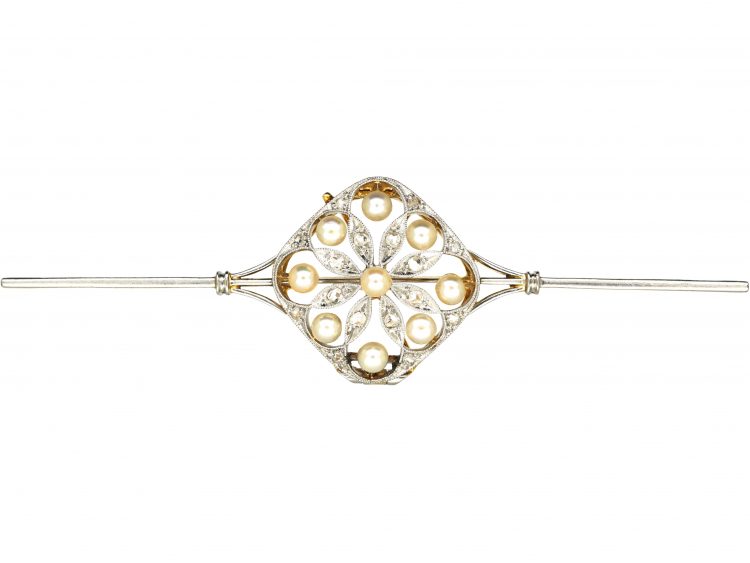 Edwardian 15ct Gold & Platinum, Rose Diamond & Natural Pearl Brooch