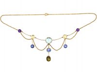 Edwardian 18ct Gold Harlequin Necklace set with Aquamarine, Sapphires, Amethysts & Chrysoberyl