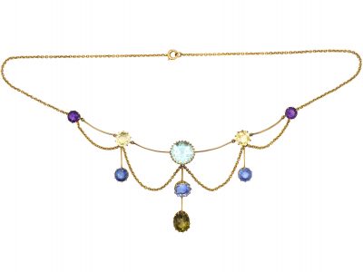 Edwardian 18ct Gold Harlequin Necklace set with Aquamarine, Sapphires, Amethysts & Chrysoberyl