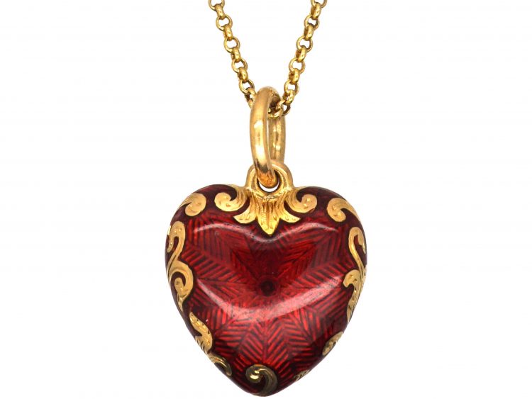 Edwardian 18ct Gold & Red Enamel Heart Pendant on 18ct Gold Chain