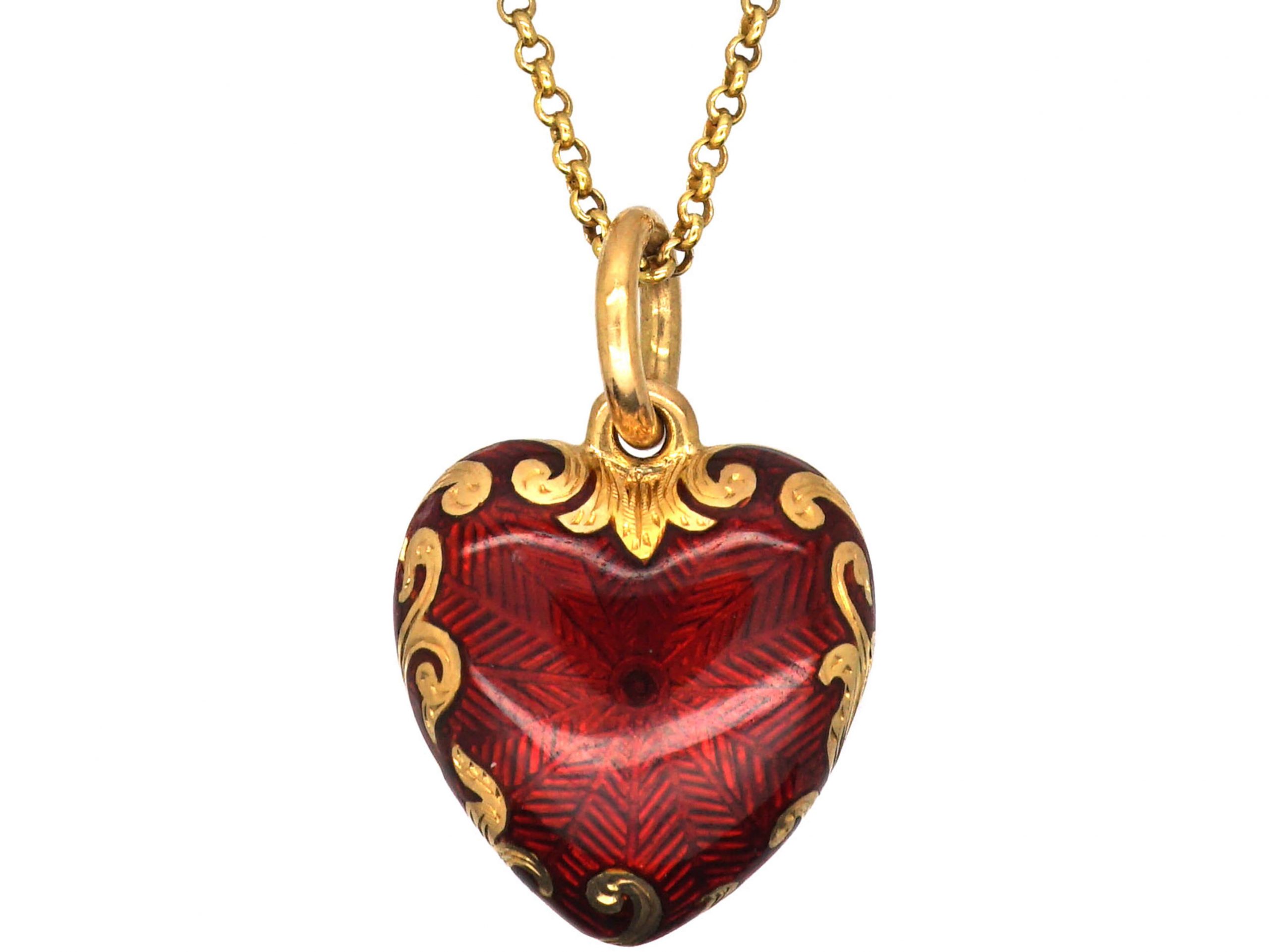 Edwardian 18ct Gold & Red Enamel Heart Pendant on 18ct Gold Chain (126U ...
