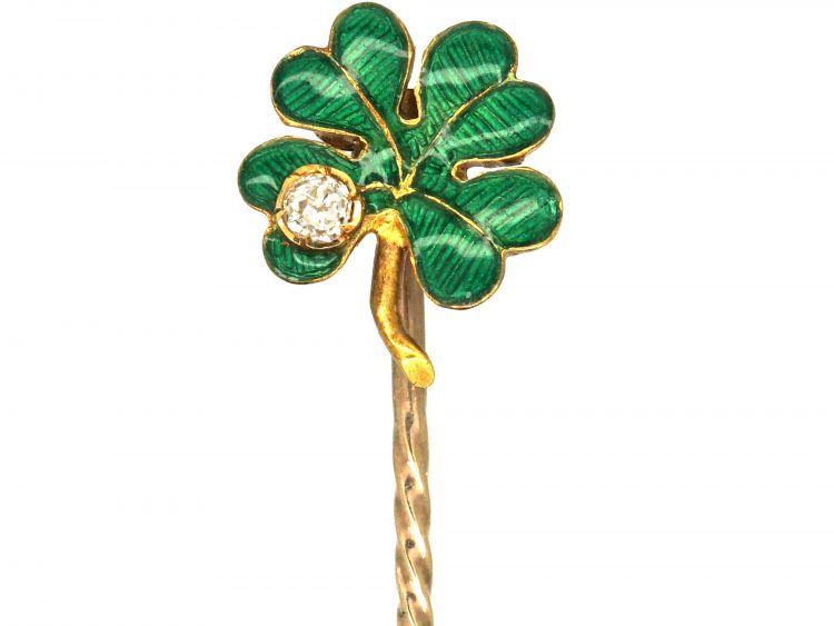 Edwardian 18ct Gold & Green Enamel Four Leaf Clover Tie Pin set with a Diamond