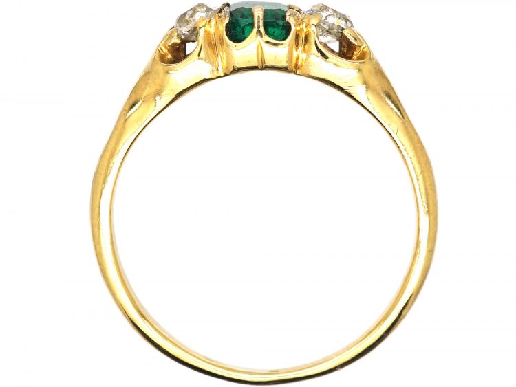 Victorian 18ct Gold, Emerald & Old Mine Cut Diamond Three Stone Ring