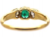 Victorian 18ct Gold, Emerald & Old Mine Cut Diamond Three Stone Ring