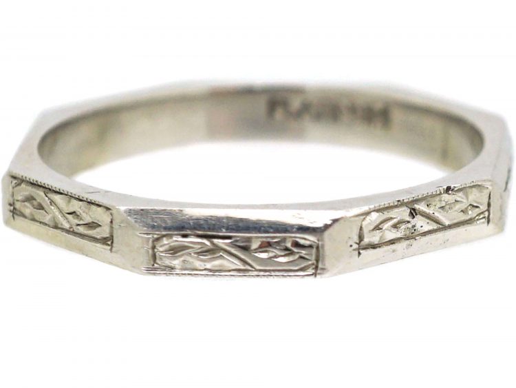 Art Deco Platinum Wedding Hexagonal Ring with Engraved Detail