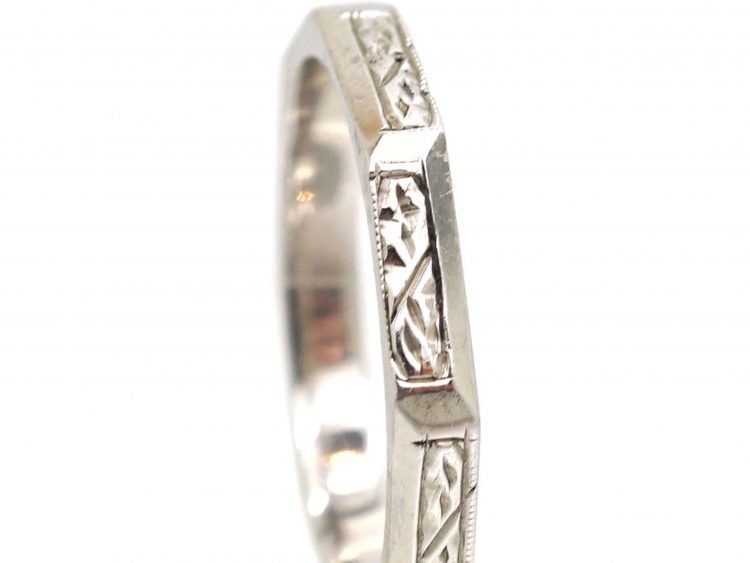 Art Deco Platinum Wedding Hexagonal Ring with Engraved Detail