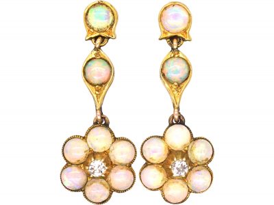 Edwardian 9ct Gold Cluster Drop Earrings set with Opals & Diamonds