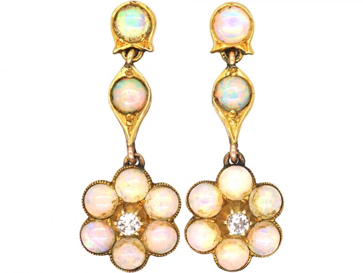 Edwardian 9ct Gold Cluster Drop Earrings set with Opals & Diamonds