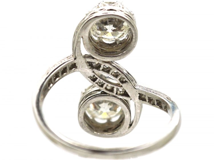 Art Nouveau Platinum, Two Stone Diamond Cross Over Ring