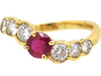 Modernist 18ct Gold Curved Ring set with a Ruby & Diamonds