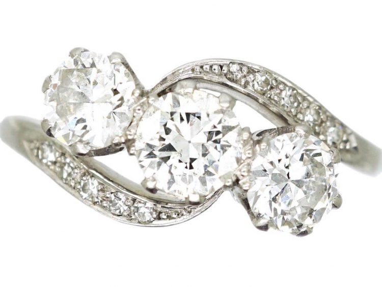 Edwardian 18ct White Gold & Platinum, Three Stone Diamond Crossover Ring