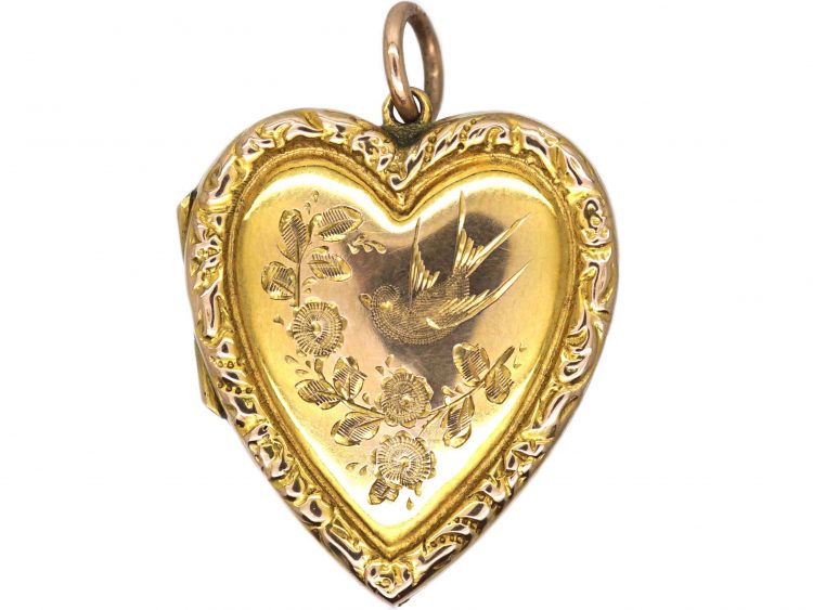 Edwardian 9ct Back & Front Heart Shaped Locket with Swallow Detail