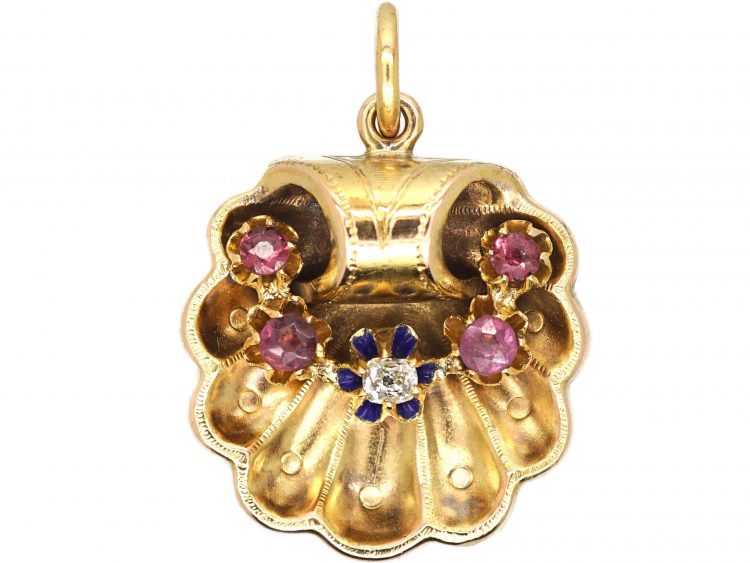 Victorian 15ct Gold & Enamel Shell Pendant set with a Diamond & Rubies