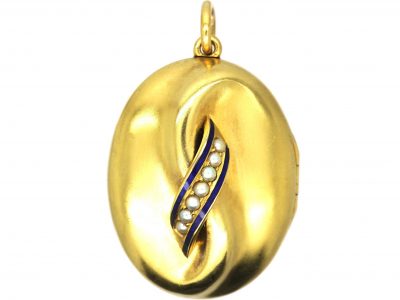 Victorian 18ct Gold Wave Locket with Natural Split Pearl & Blue Enamel Motif